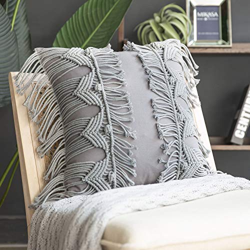 Phantoscope 100% Cotton Handmade Symmetry 3D Crochet Woven Boho Throw Pillow Farmhouse Pillow Insert Included Decorative Cushion for Couch Sofa Grey 18 x 18 inches 45 x 45 cm - color: Grey