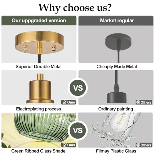 2 Pack Pendant Lights with Vintage Green Ribbed Glass Lampshade, Adjustable Brushed Gold Pendant Lights Fixtures for Kitchen Island Lighting Sink, Dining & Living Room Hallway (Bulbs Not Included) - color: 2 Pack Brushed Gold + Green Glass