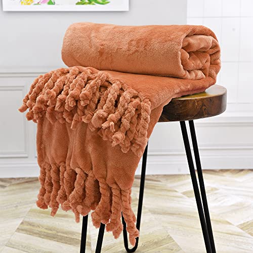 Throw Blankets Couch Cover Flannel Fleece Throw with Braided Rope Fringe Tassels, Plush Cozy Warm Soft Smooth Throw for Couch Sofa Bed Chair Home Décor, 50" x 60", Orange - color: Orange, size: 50" x 60"