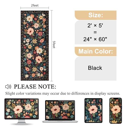 DUKINO 2x5 Runner Rug for Hallway, Washable Kitchen Floral Runner Rug with Non Slip Backing, Low Pile Soft Boho Carpet for Kitchen, Hallway, Entryway, Laundry, Bedroom, Black - color: Black, size: 2' x 5' (Rectangular)