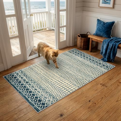 Moroccan Small Rug for Bedroom 2x4, Soft Non-Slip Indoor Door Mats for Entryway, Low-Pile Non-Shedding Blue Rug Vintage Rugs for Kitchen Bathroom Laundry Room - color: Royal Blue, size: 2' x 4' (Rectangular)