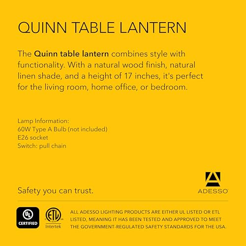 Adesso Quinn Table Lantern - Walnut Birch Wood & Natural Linen Shade – Perfect Nightstand, End Table, and Desk Lamp