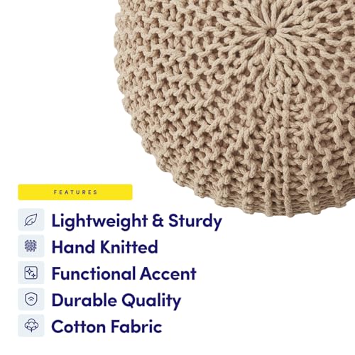 Pouf Ottoman Foot Rest Stuffed – 20” Diameter x 14” Tall Cozy Floor Pouf for Living Room, Bedroom, Nursery & More – 100% Cotton Knit Shell, EPS Bead Filled Footrest & Accent Chair, Taupe - color: Taupe