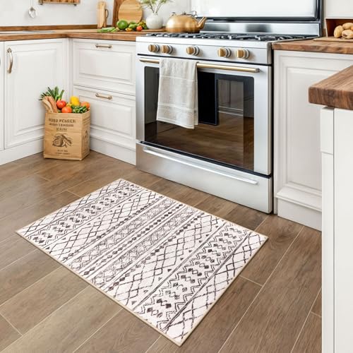 KUTA Moroccan Kitchen Rugs, 2x3 Brown Cream Entryway Rug Non-Slip Washable Small Indoor Door Mat, Ultra Soft Print Vintage Geometric Low-Pile Floor Carpet for Indoor, Entrance, Kitchen - color: Cream/Brown, size: 2' x 3' (Rectangular)