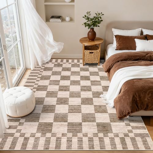 GarveeHome Brown Checkered Rug,Washable 3x5 Rug Geometric Tan Brown Print Non Slip for Entryway,Modern Soft Low-Pile,Neutral Farmhouse Checkerboard Rug,Small Area Rugs for Bedroom Kitchen Dining Room - color: Brown, size: 3' x 5' (Rectangular)