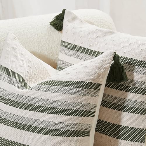 Boho Throw Pillow Covers with Tassels Woven Set of 2, 18x18 Inch Striped Textured Couch Throw Pillows for Couch Bed Sofa Bedroom Modern Funky (Sage Green, 18"x18"(Pack of 2)) - color: Sage Green