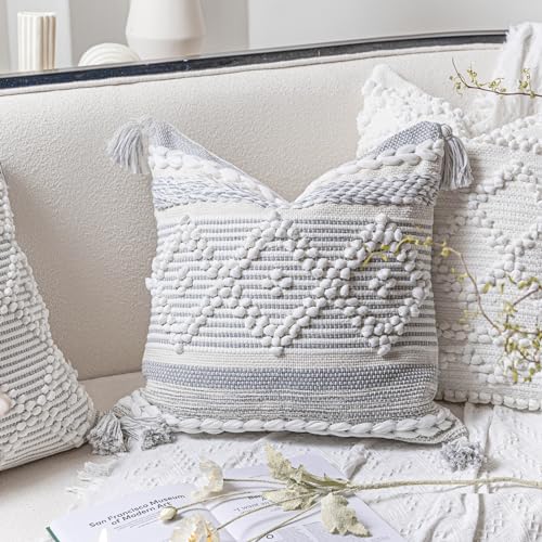 BlissBlush Gray Cream White Boho Throw Pillow Cover 20X20, Boho Woven Textured Pillow Cover, Neutral Pillow Cover, Sofa Couch Bed Farmhouse Lumbar Pillow (Cover ONLY) - color: Gray, size: 20" x 20" (Pack of 1)