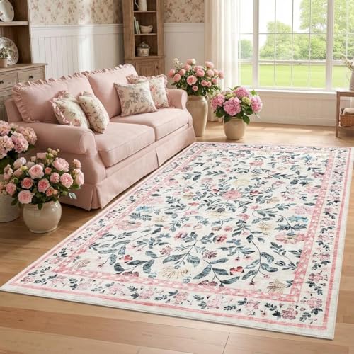 GarveeHome 5x7 Washable Non-Slip Rug, Vintage Floral Area Rug for Living Room, Low Pile Farmhouse Distressed Carpet for Nursery Playroom Dorm Teens Office, Pink - color: Pink, size: 5' x 7' (Rectangular)