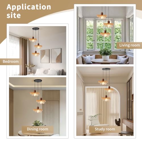 Amber Petal Glass Swag Pendant Light Fixture, 3-Light Rustic Wood Cluster Hanging Light, Adjustable Height for Greenhouse Cottage Living Room Farm Bistro Island - color: Amber, 3 Lights
