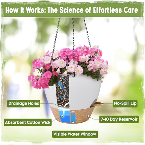 Self-Watering Hanging Planters with Water Level Window, 8/10 Inch Indoor Outdoor Hanging Plant Pots Includes Chain Hangers with Drainage Holes & Detachable Reservoir (White, 8+10 inch) - color: White