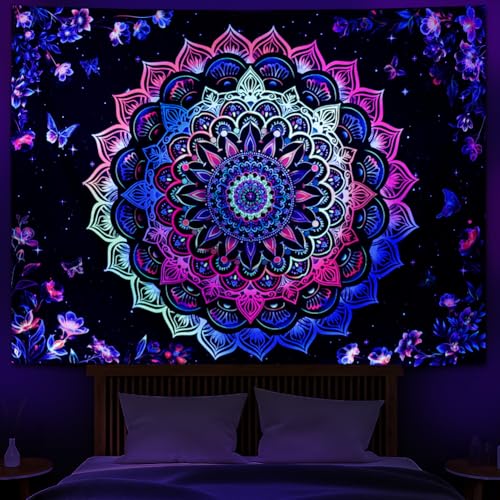 Heopapin Blacklight Tapestry Trippy Galaxy Mandala Tapestries UV Reactive Butterflies Flower Wall Hanging Tapestry for Bedroom Living Room 92.5L x 70.8W - size: 92.5L" x 70.8W"