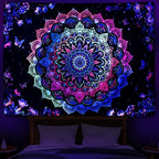 Heopapin Blacklight Tapestry Trippy Galaxy Mandala Tapestries UV Reactive Butterflies Flower Wall Hanging Tapestry for Bedroom Living Room 78.7L x 59.1W - size: 78.7"L x 59.1"W