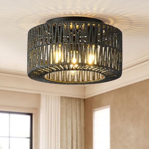 12.6”Rattan Flush Mount Ceiling Light Fixtures, 3-Light Boho Light Fixture Rattan Hand-Woven Chandelier Close to Ceiling Light Fixture for Bedroom Hallway Kitchen Dining Room Nursery(Black) - color: 12.6”Black