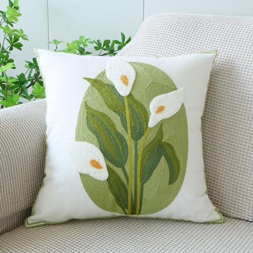 vctops Farmhouse Calla Lily Cotton Tufted Throw Pillow Cover Spring Floral Embroidery Pillowcase Soft Square Cushion Case for Sofa Couch Bed Chair (White C,18"x18") - color: White C