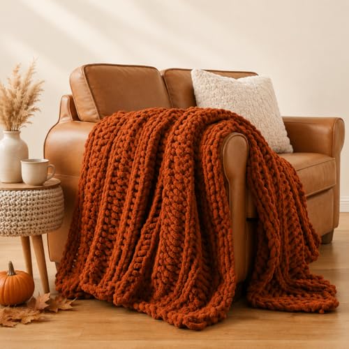 Battilo Chunky Knit Throw Blanket for Couch, Hand Made Chenille Throw Blanket, Super Soft Warm Cozy Caramel Blanket for Bed, Sofa, Living Room, 50"x60" - color: Caramel