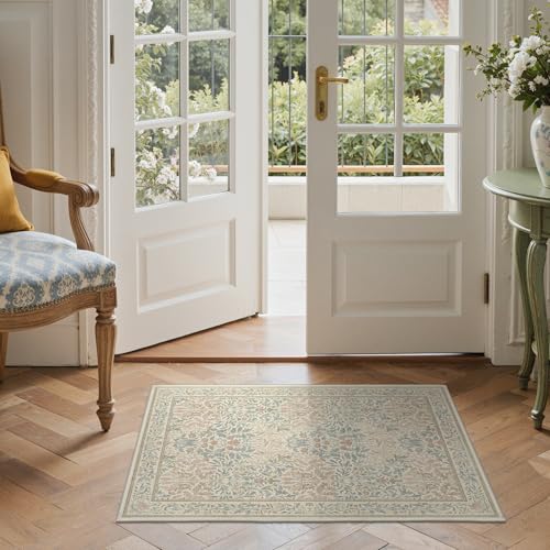 Bavni 2x3 Small Area Rug Machine Washable Non Slip, Vintage Floral Throw Rug, Low Pile Thin Lightweight Carpet for Entryway, Hallways, Kitchen and Bathroom, Beige Pink - color: Beige Pink, size: 2' x 3' (Rectangular)