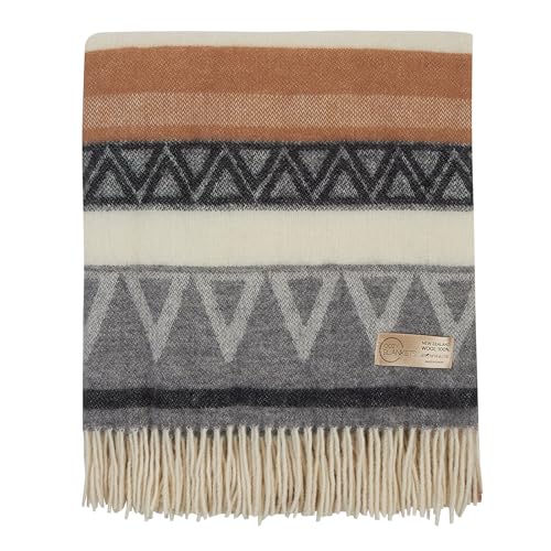 | Wool Blanket/Throw | 100% New Zealand Wool | Perfect for Home and Outdoors | Virgin Wool Throw with Fringes 67"x79" (170 x 200 cm) - color: Caramel Geometry, size: Queen