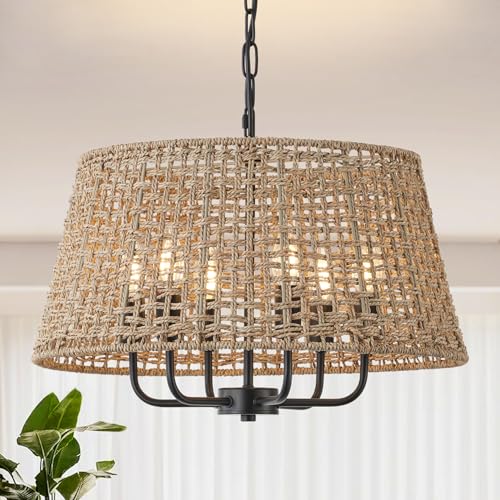 20"Rattan Large Boho Chandelier Ceiling Light Fixture, 6-Light Farmhouse Wicker Hand-Woven Chandelier Rattan Ceiling Pendant light Fixture for Dining Room Bedroom Hallway Kitchen Island(Black) - color: Black 6-Light 20" T-Shape