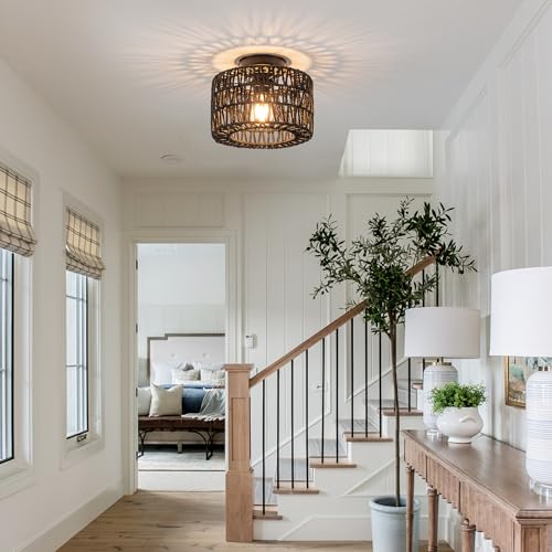 Rpzloila Rattan Ceiling Light, 1 Light Farmhouse Woven Flush Mount Ceiling Light, Boho Light Fixture for Bedroom Living Room Hallway Entryway, Black Finish - color: Black, size: 1-Light-Round