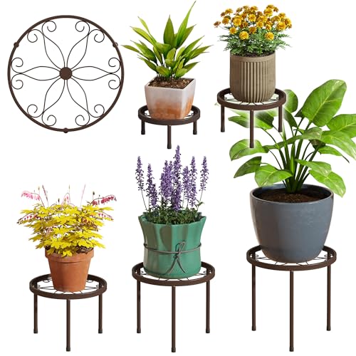 Plant Stand Indoor Outdoor 5 Pack Heavy Duty Metal Stand Multiple Plants, Anti-Rust Iron Flower Pot Stand Decoration Racks Plant Pot Shelf for Living Room Garden Balcony (Brown) - color: Brown