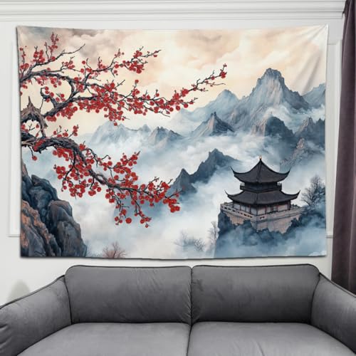 keowhsf Japanese Tapestry Aesthetic Wall Decor – Watercolor Ink Landscape with Red Plum Blossoms and Misty Mountains, Asian Art Hanging for Bedroom, Living Room, Dorm - color: Ink, size: 60"L x 44"W