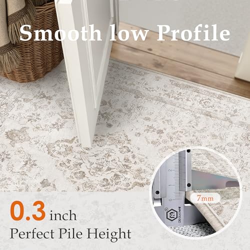 PureCozy Beige 2x3 Washable Area Rug for Living Room Neutral Vintage Floral Medallion Soft Small Door Mat Low Pile Non Slip Distressed Indoor Office Carpet for Bedroom Dining Room Nursery - color: Beige, size: 2' x 3' (Rectangular)