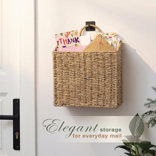 Set of 2 Wicker Hanging Basket for Organizing, Front Door, Mail, Flowers - Woven Wall Baskets for Storage (Natural Seagrass) - color: Natural Seagrass