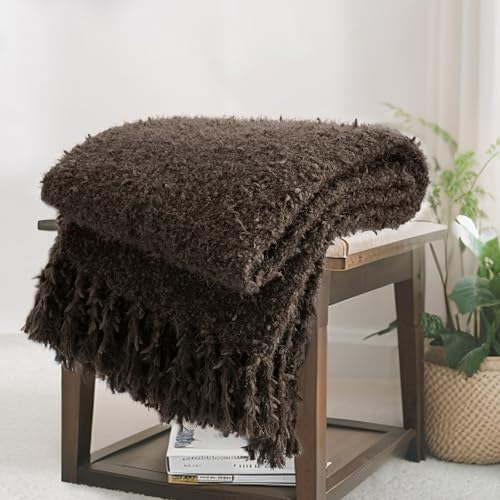Knit Throw Blanket Fluffy Fuzzy Soft Lightweight Cozy Farmhouse Tassels Chunky Knitted Throws for Couch Sofa Bed (Brown, 50"x60") - color: Brown, size: 50"x60"