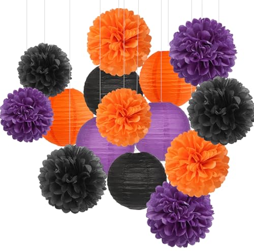 Purple-Orange Black Party-Decorations Paper-Flowers Lanterns - 15PCS Halloween Tissue Pom Poms Streamers,Vintage Birthday Retro Baby Bridal Shower Wedding Bachelorette Hanging Supplies Decor Hugfond - color: Black Orange Purple