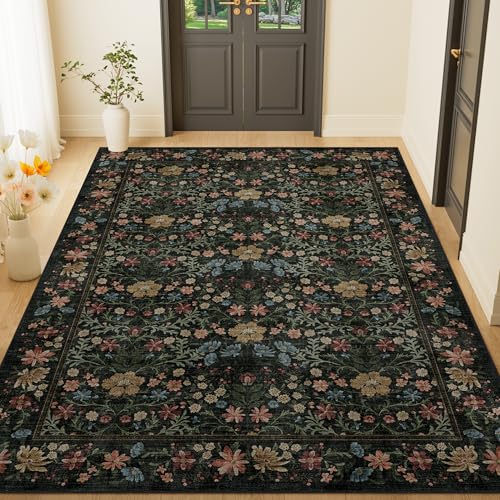 DUKINO 4x6 Rugs for Living Room, Lightweight Non Slip Washable Rug with Low Pile Design, Vintage Floral Non-Shedding Soft Carpet for Living Room, Bedroom, Farmhouse, Office, Bathroom, Black - color: Black, size: 4' x 6' (Rectangular)