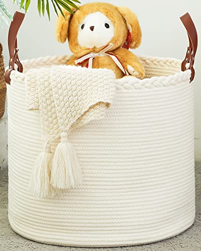 KAKAMAY Large Blanket Basket (18"x16"),Woven Baby Laundry Hamper,Cotton Rope Blanket Basket for Nursery, Laundry, Living Room, Pillows, Baby Toy chest with Leather Handles (White) - color: White