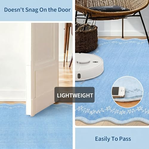 GarveeHome 2.5x8 Scalloped Washable Runner Rug for Kitchen, Soft Blue Long Hallway Runner Non Slip Entryway Rug Farmhouse Thin Laundry Mat Stain Resistant Carpet for Bathroom Beside Rug - color: Baby Blue, size: 2'6" x 8' (Rectangular)