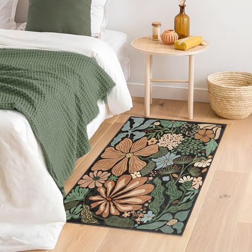 MUJOO Black 2x3 Washable Rug Floral Small Area Rugs for Entryway Kitchen Bathroom,Non Slip Throw Carpet for Bedroom Entrance Door Mat Boho Modern Abstract Vintage Botanical Flower - color: Black（vintage）, size: 2' x 3' (Rectangular)
