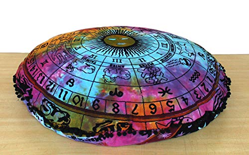 CRAFT KALA Mandala Floor Pillow Cushion Cover Seating Throw Cover Hippie Decorative Bohemian Ottoman Poufs Pom Pom Pillow Cases Boho Indian Cotton Living Room Yoga Home Décor (24" Round, Multi Zodiac) - color: Multi Zodiac, size: 24" x 24" (Pack of 1)
