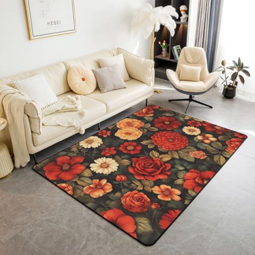 Erosebridal Retro Floral Area Rug 4'11" x 3'3" Black Dark Romantic Living Room Rugs Red Orange Peony Decorative Carpet Vintage Flowers Indoor Floor Mat - color: Black Red Yellow, size: 3'3" x 4'11" (Rectangular)