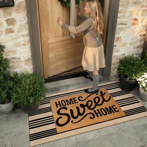KIMODE Front Door Mats 24"x51", Black and Khaki Striped Layered Door Mats Outdoor,Machine Washable Farmhouse Front Porch Rug Decor Cotton Hand Woven Entryway Rug for Doorway - color: Black and Khaki Stripes, size: 2' x 4'3" (Rectangular)