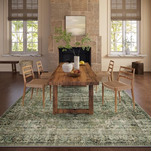 9x12 Area Rugs for Living Room: Washable Bedroom Rug Boho Vintage Rugs Stain Resistant Non Slip Low Pile Soft Lightweight Carpet for Kitchen Dining Room Farmhouse Nursery Kids Room - color: Black and Green, size: 9' x 12' (Rectangular)