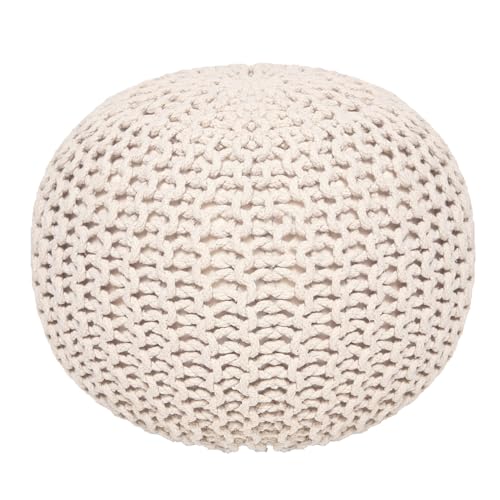 REDEARTH Round Pouf Ottoman –18"x18"x14" Hand-Knitted Cotton Pouffe –Cable Footstool –Boho Dori Hassock –Pre-Stuffed Poof – Extra Seat -Poofy Footrest for Living Room, Bedroom, Nursery, Nook –Ivory - color: Ivory3, size: 18"D x 18"W x 14"H