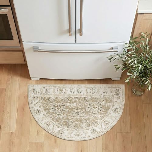 jinchan Fiora Washable Small Area Rug, 2x3 Half Circle Floral Entryway Rug, Low Pile Half Moon Doormat Soft Non Slip Dirt Trapping Carpet for High Traffic Kitchen Bathroom Vanity, Distressed Taupe - color: Distressed Taupe, size: 1'9" x 3' (Semicircular)