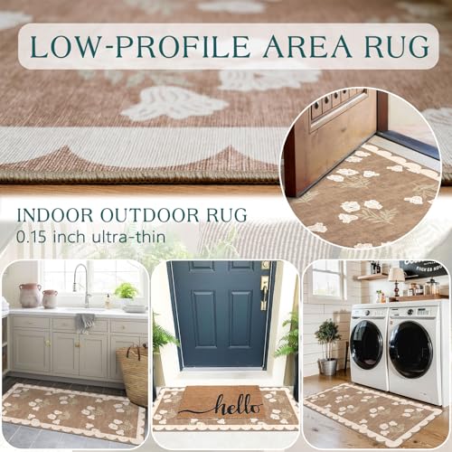 Front Door Mat Indoor Entrance - 2x4.3 Ft Floral Washable Layered Doormat Outdoor Entrance Porch Rug Non-Slip Tan Boho Farmhouse Runner Rug for Kitchen Hallway Bedroom Laundry Room Porch Decor - color: Flower - Brown, size: 2' x 4'3" (Rectangular)