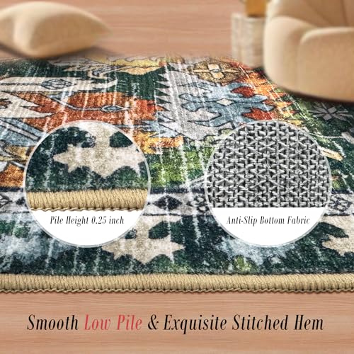 RUGSURE Washable Area Rugs - Perfect for Living Room, Bedroom, Kids Room, Nursery - Stain & Water Resistant Non-Slip, Pet & Child Friendly, Vintage Tribal Area Rugs (Green, 4' x 6') - color: Green, size: 4' x 6' (Rectangular)