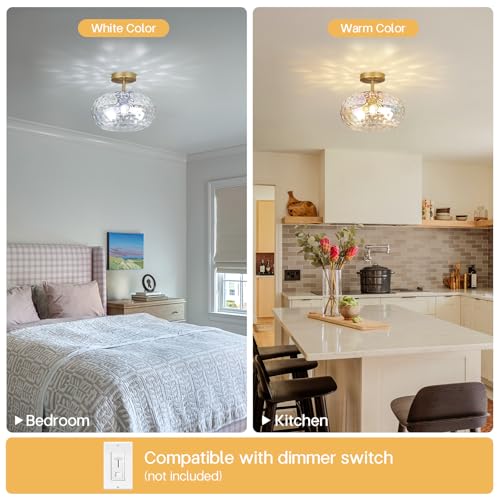 12" Iridescent Rainbow Hammered Glass Ceiling Light, 3-Light Semi Flush Mount Fixture, Modern Gold Lighting for Bedroom, Hallway, Kitchen, Dining Room, Living Room, Foyer - color: Iridescent