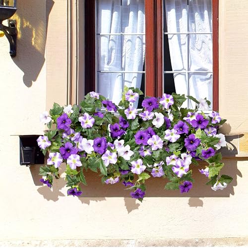 Ammyoo Artificial Hanging Fake Flowers with Basket Plants for Outdoor Decoration, Faux Silk Flower UV Resistant Morning Glory for Home Porch Patio Garden Balcony Yard Look Real (Purple White) - color: Purple White Basket, size: 3 Pcs with Basket