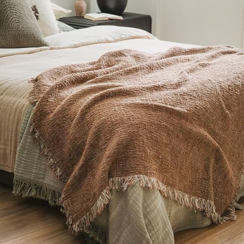 Zen Reversible Chestnut Harmony Throw Blanket 55x60, Chestnut Neutral Reversible Cotton Decorative Sofa and Bed Blanket, Lightweight All-Season Throw, Handwoven in India, Sofa Accent - color: Dark Brown, size: Throw (55" x 60")