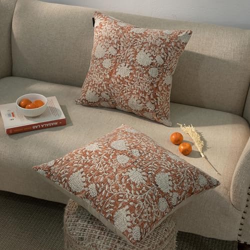Handblock Printed Vintage Indian Cotton Decorative Throw Pillow Covers, Set of 2 (Brick Brown, 18" x 18" (Pack of 2)) - color: Brick Brown, size: 18" x 18" (Pack of 2)