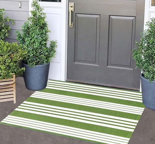 Green and White Striped Outdoor Rug 24'' x 35'' Door Mat Outdoor Machine Washable Welcome Mats Cotton Hand-Woven Entryway Rug for Front Porch/Entryway/Laundry/Bathroom/Bedroom - color: Green, size: 2' x 3' (Rectangular)