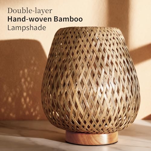 Boho Table Lamp with Double Layer Woven Shade Wood Base, Desk Bedside Small Rattan Lamps, 110V Plug, Dimmable E26 Socket (Bulb Included) for Living Room Night Stands Bedroom