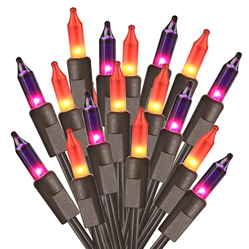 ODEETRONIC Purple Orange Lights, 21.63ft 100 Count Mini Incandescent Halloween Lights, 120V UL Certified Connectable Plugin Outdoor Tree Light, Brown Wire Indoor String Light for Party Spooky Decor - color: Purple Orange-Brown Wire, size: 100 Count Incand