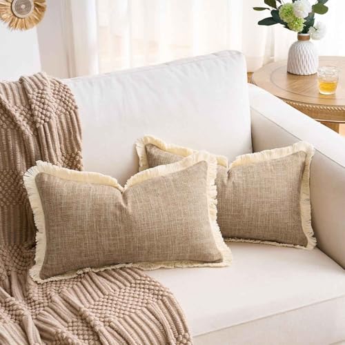 Boho Lumbar Throw Pillow Covers 12x20 Pillow Cover with Tassels Faux Linen Farmhouse Decorative Cushion Covers Khaki for Sofa Bed Living Room Home Decor Set of 2 - color: Khaki, size: 20" x 12" (Pack of 2)