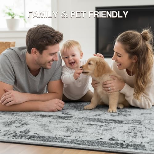 YOH Boho Washable Rug 4x6, Light Gray Vintage Non Slip Area Rug, Distressed Indoor Carpet for Living Room Bedroom Kitchen Office - color: Light Gray, size: 4' x 6' (Rectangular)